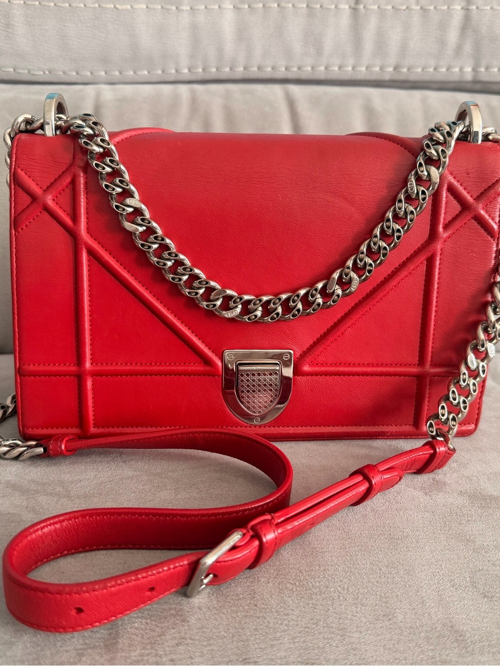 Dior Bag / Diorama Red Leather Crossbody with Silver Chain Detail handbag